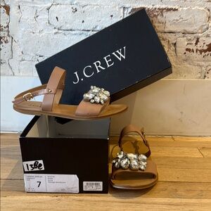 J. Crew Leather Women's Tan Sandals with Crystal Embellishments